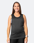 back view of an active mum wearing a raven breastfeeding top