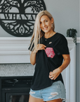 Breastfeeding mum demonstrating nursing functionality of breastfeeding Charlotte Tee 