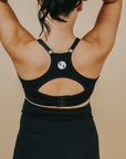 pregnant woman wearing a black racerback nursing bra back view