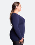 Side view of happy mother wearing dark blue bamboo long sleeve top