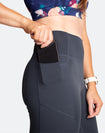 Side view of dark blue high waisted maternity tights with pockets