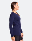 Side view of mother wearing a long sleeve breastfeeding top