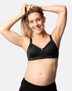 black zip front closure nursing bra for B to D cup sizes with encapsulating cups